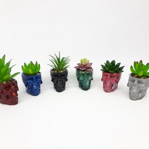 Pode incluir: Seis pequenos vasos com formato de caveira, cada um com uma cor diferente e uma pequena planta suculenta dentro. Os vasos s&atilde;o feitos de um material texturizado e t&ecirc;m um acabamento brilhante. As cores dos vasos s&atilde;o vermelho, azul, preto, verde, rosa e cinza.