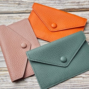 Cartera de cuero para mujer, tipo sobre, para efectivo, de piel de grano superior, tipo sobre y tarjetero, multifunción, hecha a mano.