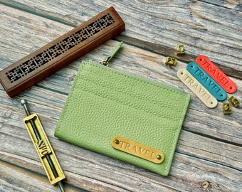 Personalized Zipper Card Holder, Personalised Coin Purse, Birthday Gift, Customize your name with charms, Full Grain Leather