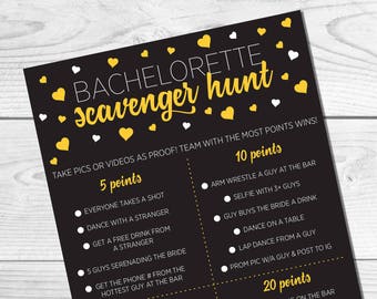 Bachelorette Scavenger Hunt, Scavenger Checklist, Gold Hearts, Black and Gold, Bachelorette Activity, Instant Download, Bachelorette Game