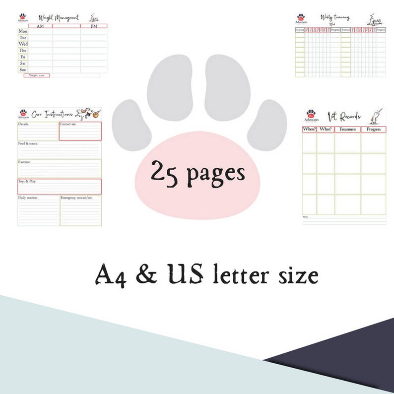 May include: A printable set of 25 pages of pet care planner templates in A4 and US letter size. The pages include sections for weight management, care instructions, weekly training, and vet records.