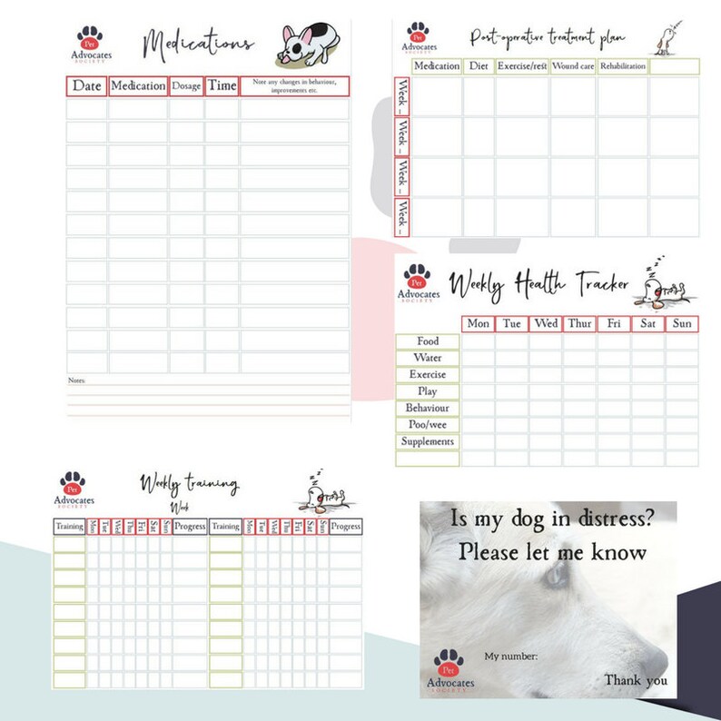 May include: Printable pet care log with sections for medications, post-operative treatment plan, weekly health tracker, weekly training, and a note to call for help if the dog is in distress. The log has a cute dog illustration on the cover.
