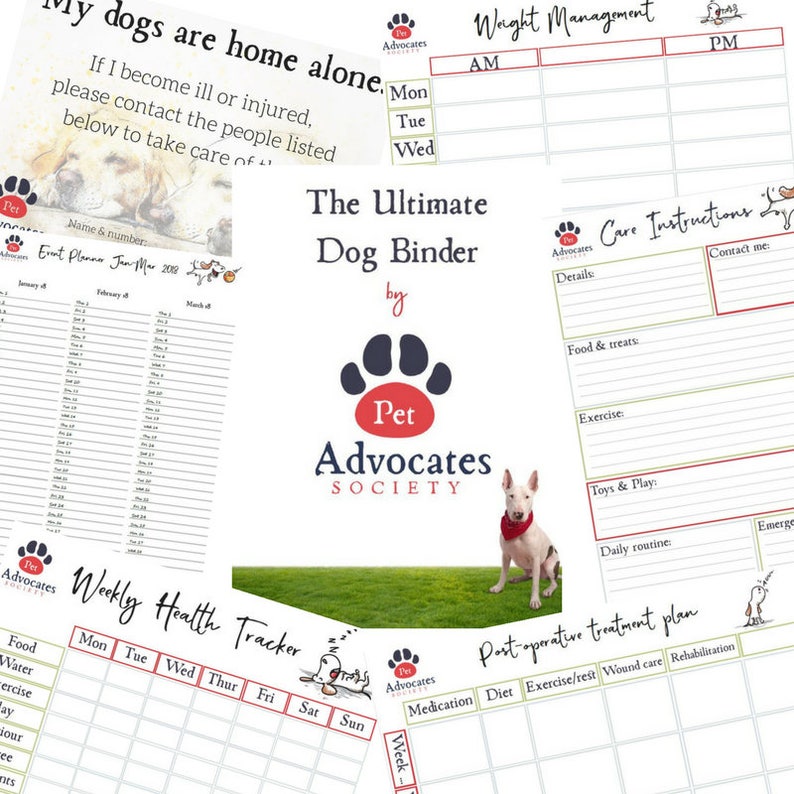 May include: A printable dog binder with a red paw print logo and the text "The Ultimate Dog Binder by Pet Advocates Society". The binder includes pages for weight management, care instructions, weekly health tracking, and post-operative treatment plans.