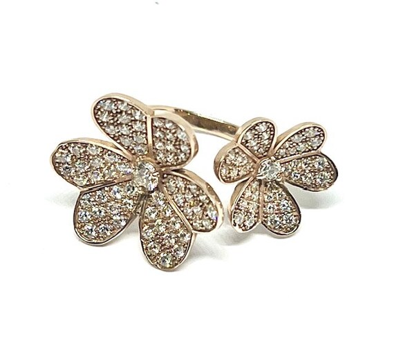 Diamond Double 18k rose gold Flower Open Ring - image 2