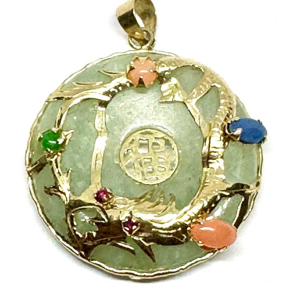 Vintage 14K Gold Jade Pendant with Multicolor Gemstones – Chinese Fu Symbol – 5.7g – Good Fortune Charm