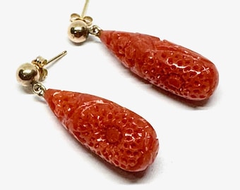 Vintage Carved Coral Drop Earrings | 14K Yellow Gold | 7.2g