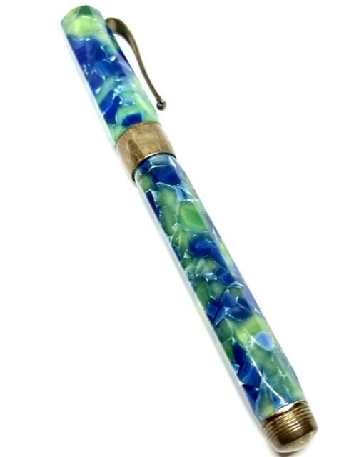 Rare 1912 Montegrappa Isnpcrac Fountain Pen – Mint Condition – Green/Blue with .925 Sterling Silver Trim