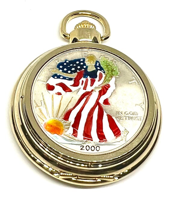 2000 1oz Silver Eagle Painted Liberty Pocket Gold Tone Watch 