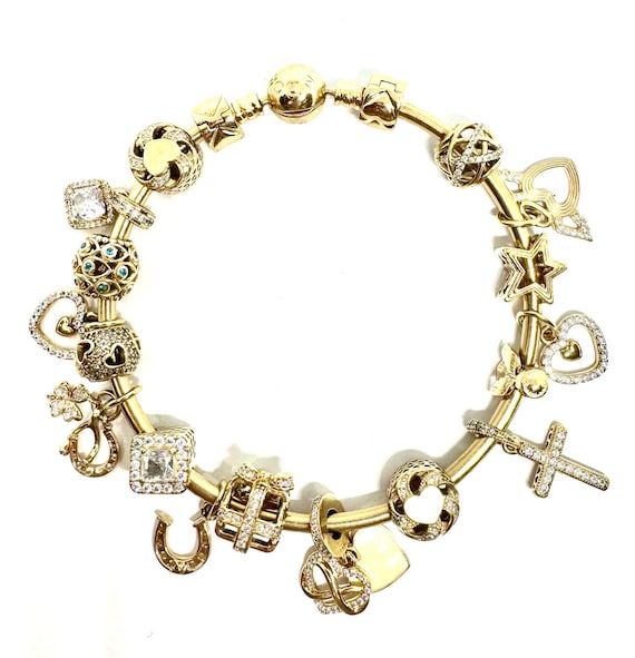 Pandora 14K Yellow Gold Charm Bangle Bracelet 19 Gold Charms Size