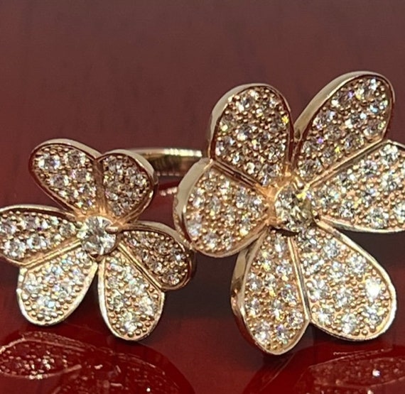 Diamond Double 18k rose gold Flower Open Ring - image 4