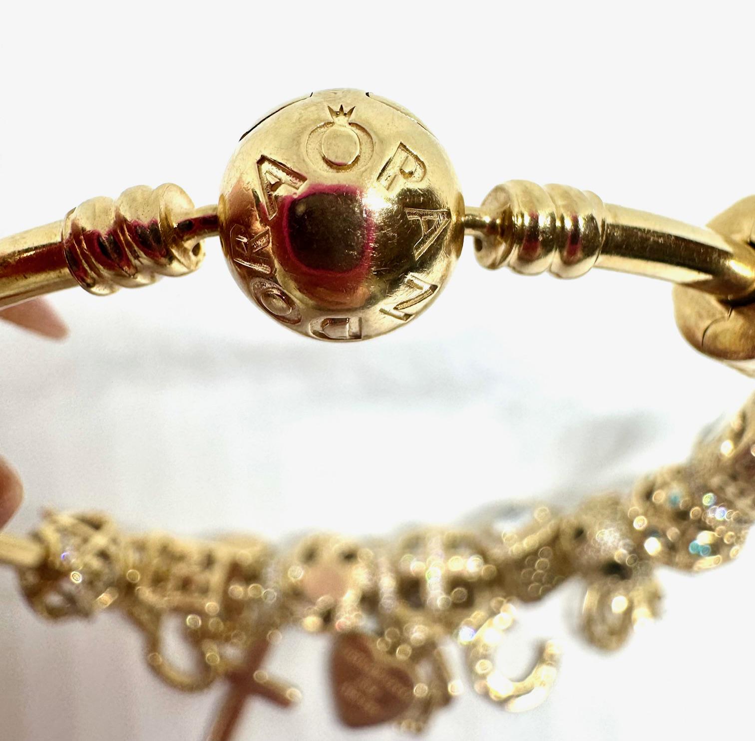 Pandora 14K Yellow Gold Charm Bangle Bracelet 19 Gold Charms Size