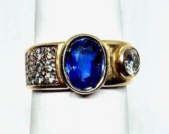 Vintage 18K Yellow Gold Ring with Sapphire and Diamonds – Size 6