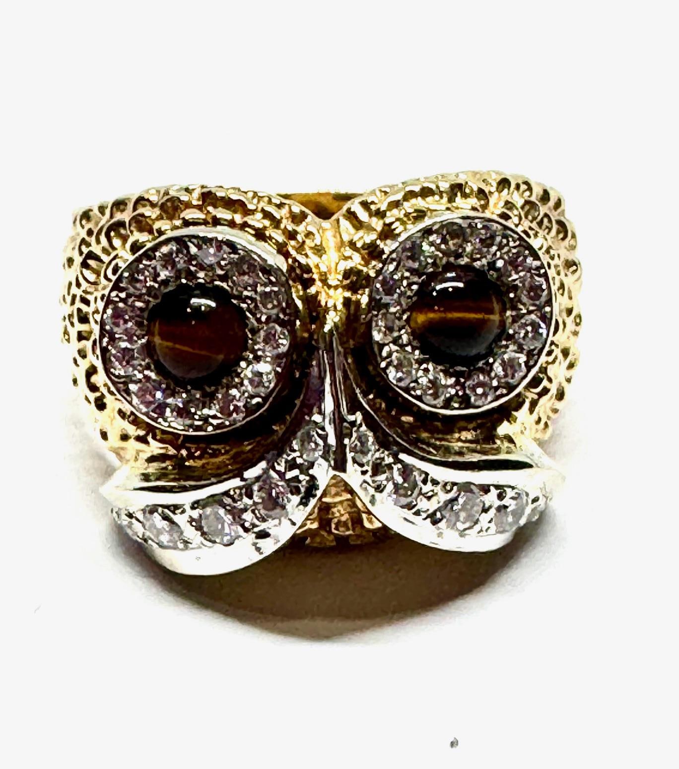 Vintage Owl Ring | 14K Gold | Diamond Eyes | Tiger&rsquo;s Eye Cabochons