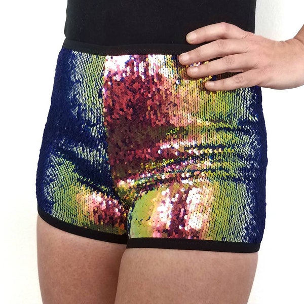 Booty Shorts - Mermaid sequin flip Low, Mid, & High Rise waist reversible Blue/Bronze Men, Women, Unisex, Halloween, Mardi Gras, Dancers