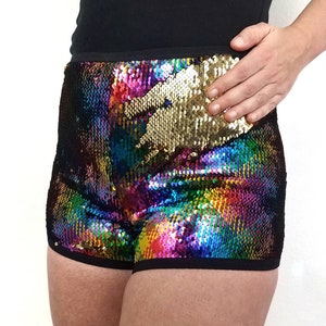 Booty Shorts - Mermaid sequins flip Low, Mid, & High Rise waist, reversible shiny disco rainbow/gold Men, Women, Dancers