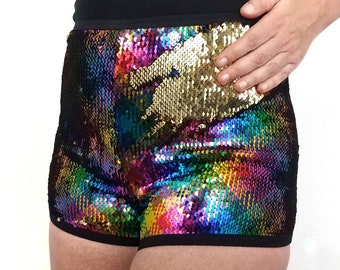 Booty Shorts - Mermaid sequins flip Low, Mid, & High Rise waist, reversible shiny disco rainbow/gold Men, Women, Dancers