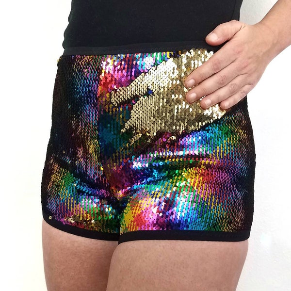 Booty Shorts - Mermaid sequins flip Low, Mid, & High Rise waist, reversible shiny disco rainbow/gold Men, Women, Dancers