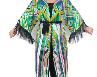 Kimono Geometric Sequin . Halloween,Festivals, Mardi Gras, Dancer, Raves, Art Deco