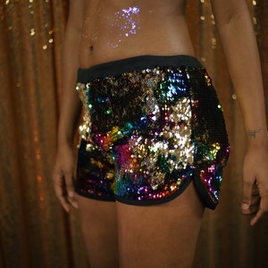 Mermaid sequin flip running shorts -loose fit many colors.  Men, Women, Unisex, Reversible, Mardi Gras, Halloween, Raves, Festivals, Dancers