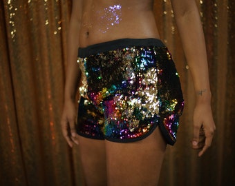 Mermaid sequin flip running shorts -loose fit many colors.  Men, Women, Unisex, Reversible, Mardi Gras, Halloween, Raves, Festivals, Dancers