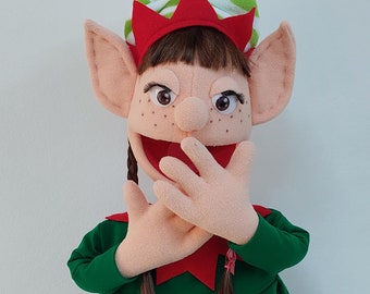 Handcrafted Christmas Elf Girl Ventriloquist Puppet, Detachable Rod
