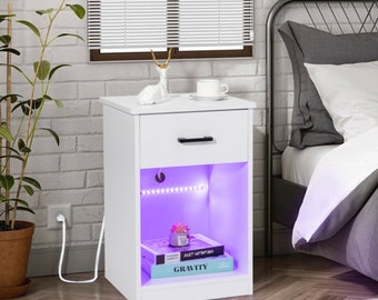 40*35*60cm Particleboard Pasted Triamine Single Drawer With Socket With LED Light Bedside Table White