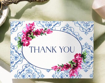Bougainvillea Thank You Card: Blue Tile, Pink Floral (Editable Template)