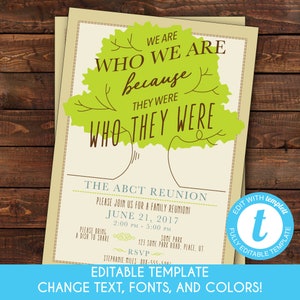 EDITABLE Family Tree Reunion Invitation We are who we are because they were who they were Family Reunion Invitation Template