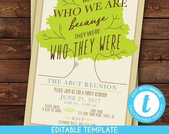 EDITABLE Family Tree Reunion Invitation We are who we are because they were who they were Family Reunion Invitation Template