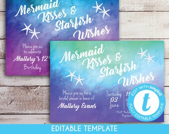 EDITABLE Mermaid Birthday Invitation Mermaid Kisses and Starfish Wishes Girl Under the Sea Birthday Invite Template