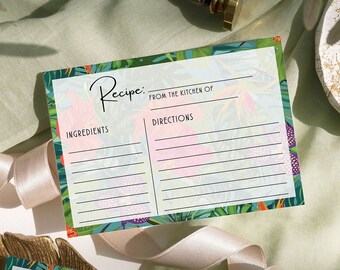 Tarjeta de receta tropical floral EDITABLE Tarjeta de receta de despedida de soltera tropical verde azulado Luau hawaiano de verano Juego de despedida de soltera Plantilla de receta nupcial