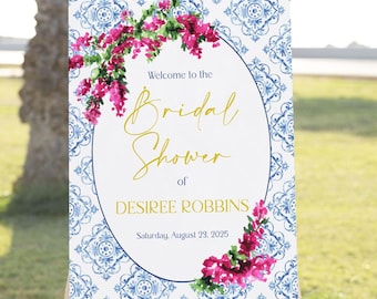 Bougainvillea Bridal Shower Welcome Sign: Pink Floral, Blue Tile (Editable Template)