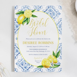 Editable Lemon Bridal Shower Invitation Blue Tile Bridal Shower Invitation Positano Tuscan Bridal Shower Invite Lemon Citrus Invite Template