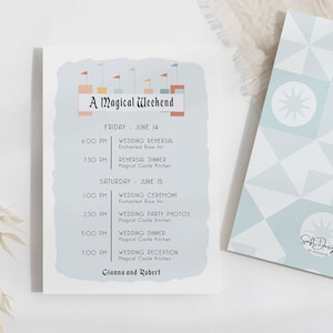 EDITABLE Vintage Theme Park Wedding Itinerary Blue Retro Theme Park Wedding Weekend Timeline Card Magic Wedding Schedule of Events Template