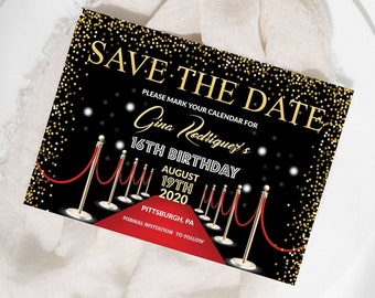 EDITABLE Hollywood Save the Date VIP Pass Red Carpet Birthday Hollywood Birthday Invite Sweet 16 Invitation Hollywood Party Template