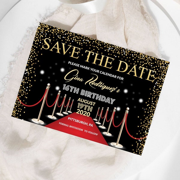 BEWERKBARE Hollywood Save the Date VIP Pass Red Carpet Verjaardag Hollywood Verjaardag Uitnodigen Sweet 16 Uitnodiging Hollywood Party Sjabloon