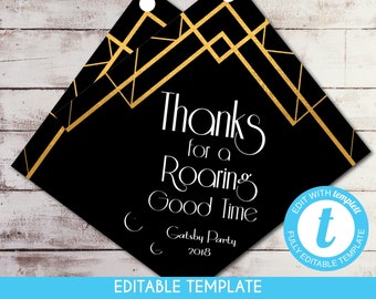 Printable Great Gatsby Thank You Gift Tag Roaring 1920s Birthday Art Deco Christmas New Years Party Favor Tag 3x3 EDITABLE Template