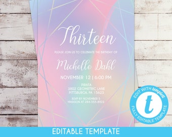 MODIFIABLE Pastel Géométrique Anniversaire Invitation Arc-en-ciel Teen Girl Iridescent Anniversaire Inviter Modèle d’anniversaire Glam moderne