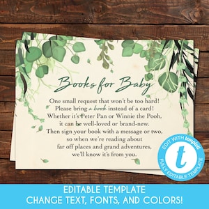 Plantilla editable y descarga instantánea de libros para insertar en el bebé. Trae un libro. Invitación para baby shower de Peter Pan. Woodland Neverland. PPPR1