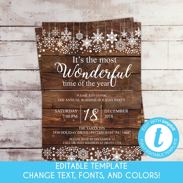 EDITABLE It's the Most Wonderful Time of the Year Rustic Holiday Party Invitation Rustic Snowflake Christmas Invite Company Party Template