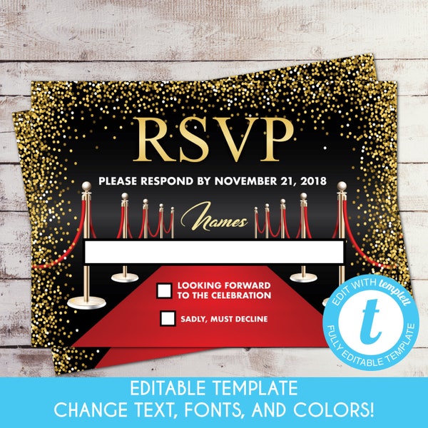 EDITABLE VIP Pass Hollywood Red Carpet RSVP Card Hollywood Birthday Sweet 16 Hollywood Prom Holiday Company Party Template