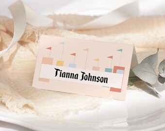 Vintage Theme Park Wedding Place Card: Retro Pink Tented (Editable Template)