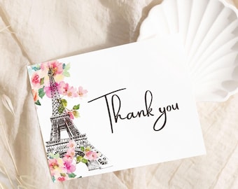 Floral Paris Thank You Card Eiffel Tower Spring Pink French Party (Editable Template)