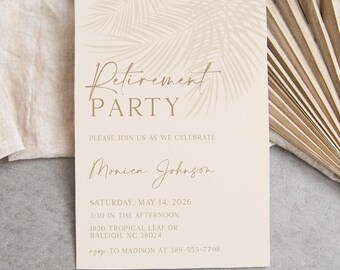 Tropical Palm Leaf Retirement Party Invitation Neutral Summer Company Retreat (Editable Template)
