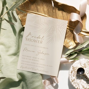 EDITABLE Neutral Tropical Bridal Shower Invitación Moderna Hoja de Palma Tropical Wedding Shower Invitar Plantilla de Invitación Minimalista Moderna