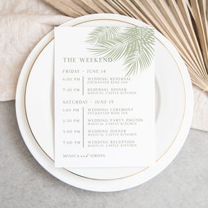 Sage Green Palm Leaf Tropical Wedding Itinerary Olive Green Weekend Schedule (Editable Template)