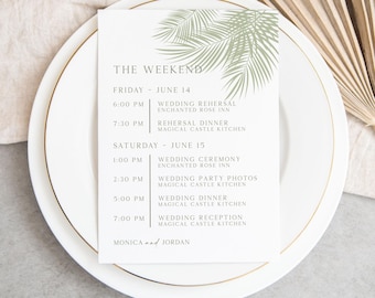 Sage Green Palm Leaf Tropical Wedding Itinerary Olive Green Weekend Schedule (Editable Template)