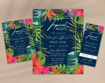 Tropical Nights Prom Set, Luau School Dance Invitation, Flyer, Ticket (Editable Template)