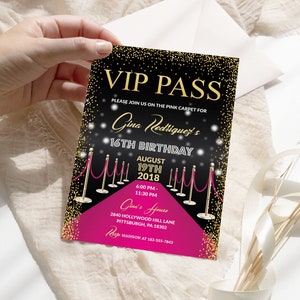 Bewerkbare VIP-pas verjaardagsuitnodiging roze Hollywood-verjaardagsuitnodiging rode loper Sweet 16 uitnodiging Hollywood-feest Quinceanera-sjabloon