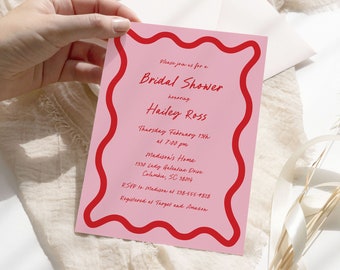 EDITABLE Wavy Border Bridal Shower Invitation Pink Red Wavy Border Wedding Shower Invite Modern Wavy Bridal Invitation Wavy Invite Template
